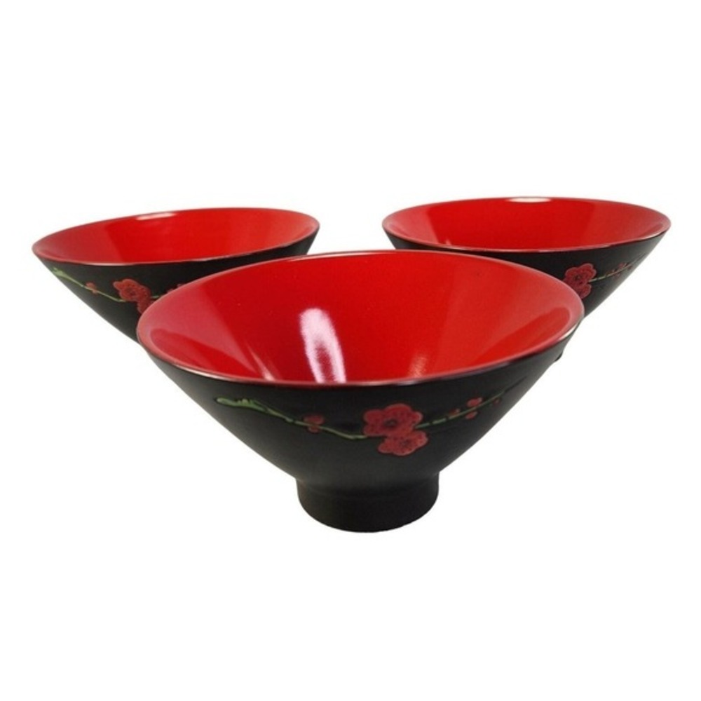 Pier 1 Imports Footed Soup Rice Bowls Black Red Flowers Stoneware Set of 3 READ
